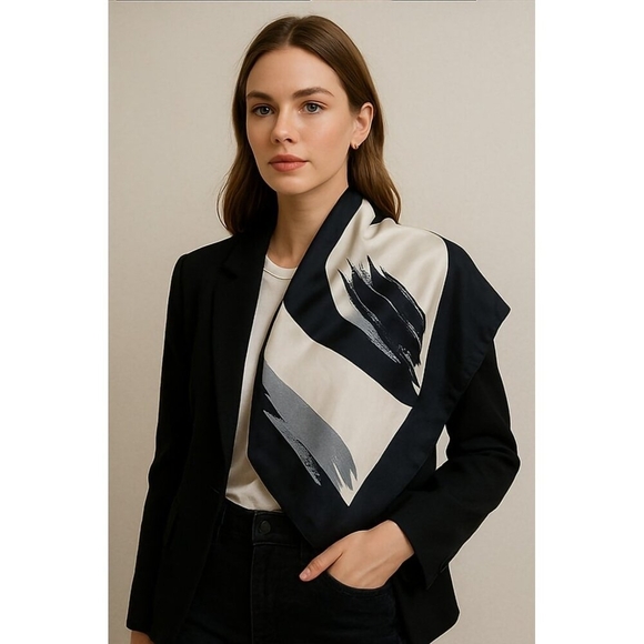 Chang Joh Silk Scarf Square 34x34 Black Gray White Abstract Brushstroke Design - Picture 9 of 10